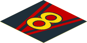 Sticker  1.9 x  1.9 with Yellow Number "8" on Red Stripes