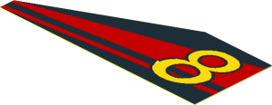 Sticker  1.1 x  2.8 Trapezoidal with Yellow "8" on Red Stripes Left