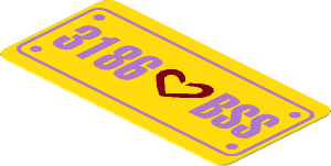 Sticker  0.9 x  1.8 with Dark Red Heart and "3186 BSS" License Plate