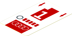 Sticker  3.0 x  1.8 with White Audi Logo and Number 1, Red Arrows and Quads on White Background