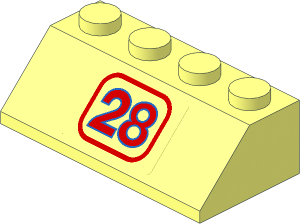 Slope Brick 45  2 x  4 with Red "28" with Blue Contour on Transparent Background Sticker