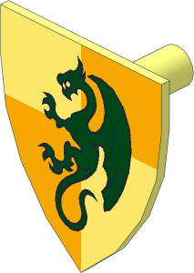 Minifig Shield Triangular with Dark Green Dragon on Bright Light Yellow/Orange Pattern