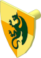 Minifig Shield Triangular with Dark Green Dragon on Bright Light Yellow/Orange Pattern