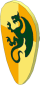 Minifig Shield Ovoid with Dark Green Dragon on Bright Light Yellow/Orange Pattern