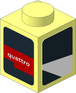 Brick  1 x  1 with Red Stripe with "quattro" White Text on Black Background and White Trapezoid on Black Background Right Stickers