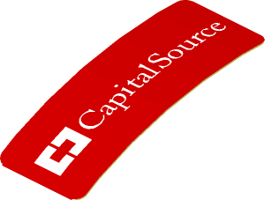 Sticker  0.8 x  1.9 with White CapitalSource Logo on Red Background Right (Formed)