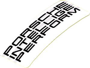 Sticker  0.8 x  1.9 with Black "PORSCHE INTELLIGE PERFORM" on Black Halftone Stripes on White Background (Needs Work) (Formed)