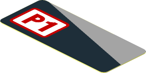 Sticker  0.8 x  1.9 with Red "P1" and Grey Triangle on Black Background Right
