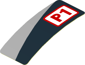 Sticker  1.9 x  0.8 with Red "P1" and Grey Triangle on Black Background Left (Formed)