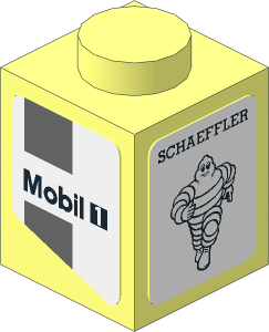 Brick  1 x  1 with Black Mobil 1 Logo and Dark Grey Lines on White Background Left and Black Schaeffler and Michelin Logos on White Background Stickers