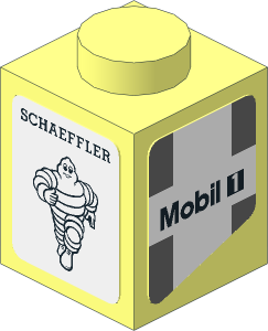 Brick  1 x  1 with Black Schaeffler and Michelin Logos on White Background and Black Mobil 1 Logo and Dark Grey Lines on White Background Right Stickers
