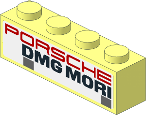 Brick  1 x  4 with Red "PORSCHE" and Black "DMG MORI" and Dark Grey Squares on White Background Stickers on Both Sides