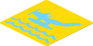 Sticker  1.8 x  1.8 with Medium Azure Seaplane and Waves on Yellow Background, Heading Left