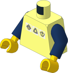 Minifig Torso with Dark Blue Arms and Yellow Hands with Three White and Silver Squares Pattern