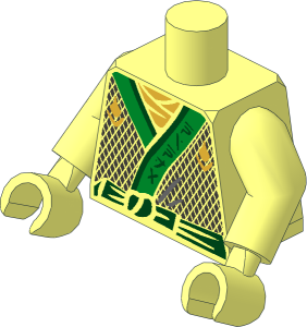 Minifig Torso with Plain Arms and Hands with Green Robe, Gold Scarf, Green Belt, Diamonds and Green Emblem Pattern