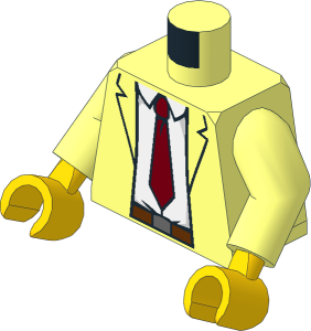 Minifig Torso with Arms and Yellow Hands with Open Suit Jacket with White Shirt, Dark Red Tie and Reddish Brown Belt Pattern