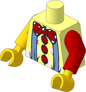 Minifig Torso with Yellow and Red Arms and Yellow Hands with Medium Blue Suspenders, Red Bow, Red Buttons and White Dots Pattern