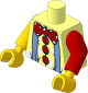 Minifig Torso with Yellow and Red Arms and Yellow Hands with Medium Blue Suspenders, Red Bow, Red Buttons and White Dots Pattern