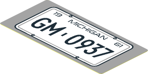 Sticker  1.8 x  3.8 with White License Plate and Black "19 MICHIGAN 61" and "GM - 0937" on Light Bluish Grey Background