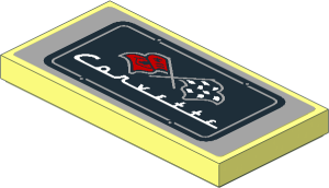 Tile  2 x  4 with Black License Plate, White "Corvette" and Flags on Light Bluish Grey Background
