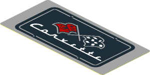 Sticker  1.8 x  3.8 with Black License Plate, White "Corvette" and Flags on Light Bluish Grey Background