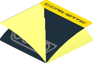 Sticker  1.9 x  1.8 with Dark Grey Exhaust Pipes on Black Background and Black "CORVETTE" on Yellow Background (Formed)