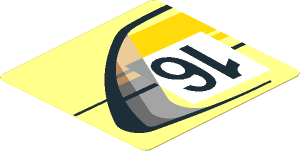 Sticker  1.9 x  1.8 with Door Outline with Black 16 in White Frame with Yellow Stripes on Transparent Background Right