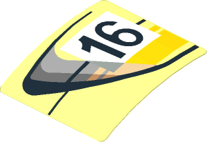 Sticker  1.9 x  1.8 with Door Outline with Black 16 in White Frame with Yellow Stripes on Transparent Background Left (Formed)
