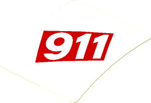 Sticker  1.8 x  1.9 with White 911 in Red Square on White Background (Formed)