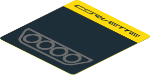 Sticker  1.9 x  1.8 with Dark Grey Exhaust Pipes on Black Background and Black "CORVETTE" on Yellow Background