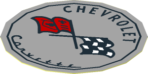 Sticker 1.8 x 1.8 Round with Black "CHEVROLET" and "Corvette", Flags on Light Bluish Grey Background