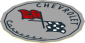 Sticker 1.8 x 1.8 Round with Black "CHEVROLET" and "Corvette", Flags on Light Bluish Grey Background