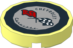 Tile  2 x  2 Round with Black "CHEVROLET" and "Corvette", Flags on Light Bluish Grey Background in a Black Ring Sticker