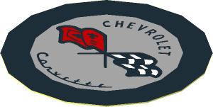 Sticker 1.8 x 1.8 Round with Black "CHEVROLET" and "Corvette", Flags on Light Bluish Grey Background in a Black Ring