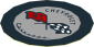 Sticker 1.8 x 1.8 Round with Black "CHEVROLET" and "Corvette", Flags on Light Bluish Grey Background in a Black Ring