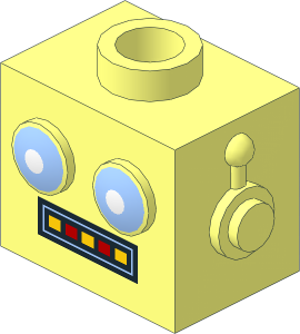 Minifig Head Robot Toy with Blue Eyes and Red/Yellow Teeth Display Pattern