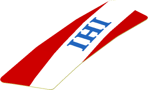 Sticker  1.8 x  3.8 with Blue Text IHI in White Stripe on Red Background Right Formed
