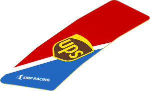 Sticker  2.5 x  0.8 with UPS Logo on Blue Triangle on Red Background (Formed)