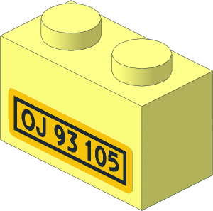 Brick  1 x  2 with Yellow Licence Plate with Black "OJ 93 105" Sticker
