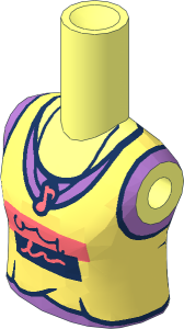 Figure Friends Girl Torso with Bright Light Yellow Tank Top over Medium Lavender Sleeveless Shirt, Black and Coral Panels and Music Note Necklace Pattern