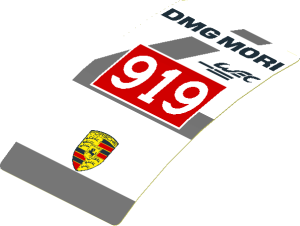 Sticker  3.0 x  1.8 with Black "DMG MORI" and White "919" in Red Frame and Dark Grey Lines on White Background (Formed)