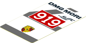 Sticker  3.0 x  1.8 with Black "DMG MORI" and White "919" in Red Frame and Dark Grey Lines on White Background