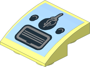 Slope Brick Curved  2 x  2 x  0.667 Inverted with Ignition Key, Switches and Ashtray on Bright Light Blue Background Sticker