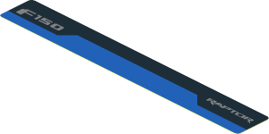 Sticker  0.8 x  5.8 with Metallic Silver "F150" and "RAPTOR" in Black Stripe on Blue Background