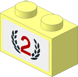 Brick  1 x  2 with Red Number "2" and Black Laurel Wreath Sticker