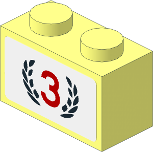 Brick  1 x  2 with Red Number "3" and Black Laurel Wreath Sticker