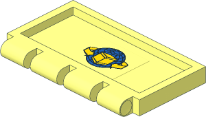 Hinge Tile  2 x  4 with Ribs with Blue Globe, Yellow Box and Curved Arrows Sticker on Bottom
