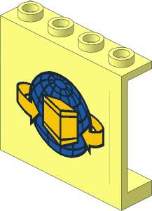 Panel  1 x  4 x  3 with Hollow Studs with Blue Globe, Yellow Box and Curved Arrows Sticker