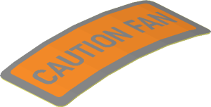 Sticker  0.8 x  1.9 with Rounded Corners and Orange and Metallic Silver "CAUTION FAN" (Formed)