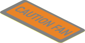 Sticker  0.8 x  1.9 with Rounded Corners and Orange and Metallic Silver "CAUTION FAN"